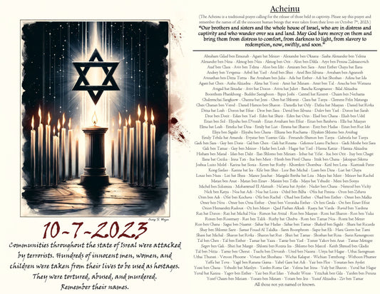 Memorial Prayer Card for the Israeli hostages.